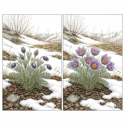 Comparison of a plant with buds and the same plant blooming earlier in spring.
