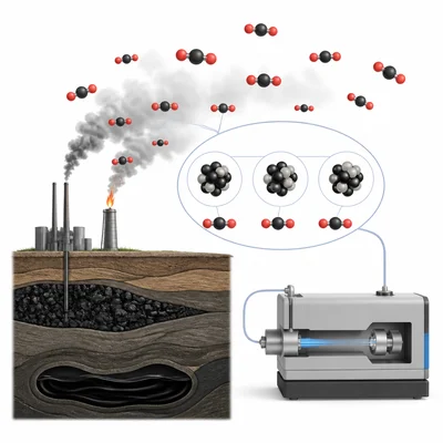 Fossil fuel carbon entering the atmosphere with molecule and isotope-style diagrams.