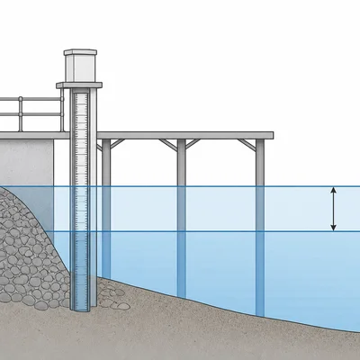 Tide gauge at a pier showing sea level rising from a lower to a higher waterline.