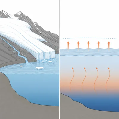 Diagram showing melting land ice and thermal expansion of ocean water.