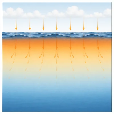 Ocean cross-section showing heat absorbed and stored in ocean layers.