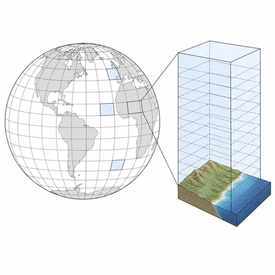 A globe divided into large grid cells with one model cell shown enlarged as an atmospheric column.