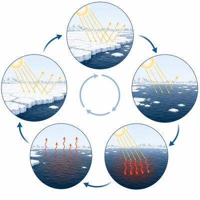 Melting sea ice exposes darker ocean, which absorbs more heat and causes more melting in a feedback loop.