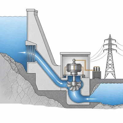 Hydroelectric dam showing stored water flowing through a turbine to power lines.