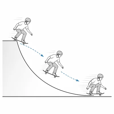 Skater moving down a ramp from a higher position to a lower, faster position.
