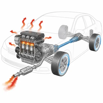 Car engine producing wheel motion while much energy leaves as heat from engine and exhaust.