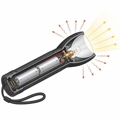 Flashlight with batteries producing light and heat from the bulb.