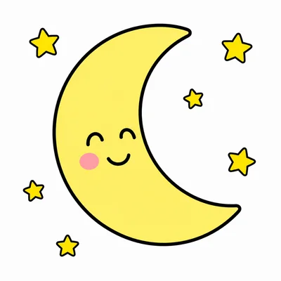 A pale yellow crescent Moon with small stars.