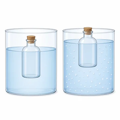The same sealed bottle floats in two containers, floating slightly higher in salt water.
