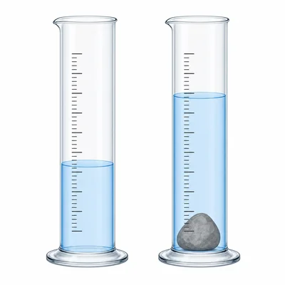 Two graduated cylinders show water rising after a stone is added.