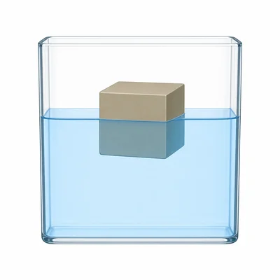 A solid object floating partly above the surface of water in a clear container.