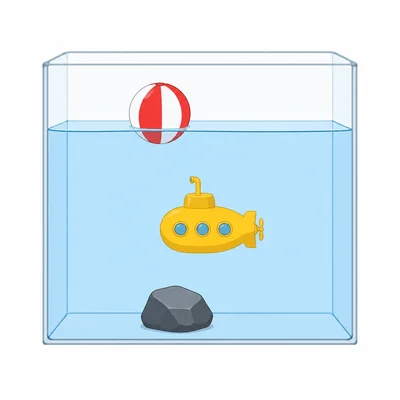 Three objects in water: one floats high, one is mostly submerged, and one sinks to the bottom.