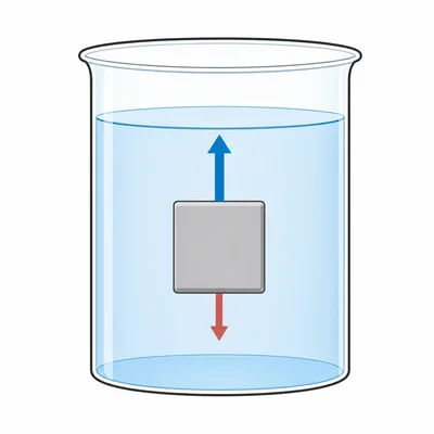 A submerged object in water with an upward arrow showing buoyant force.