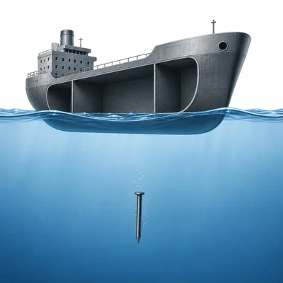 A large steel ship floats while a small steel nail sinks in water.