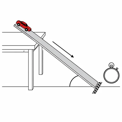 Toy car rolling down an inclined ramp with angle marker and stopwatch.