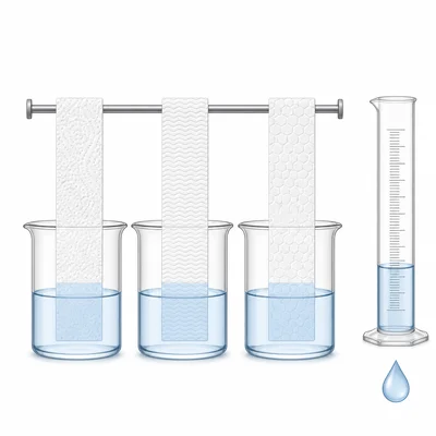 Three paper towel strips being tested in equal beakers of water for absorption.