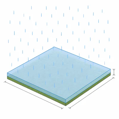 Uniform rainfall forming a thin rectangular prism of water over a rectangular field.