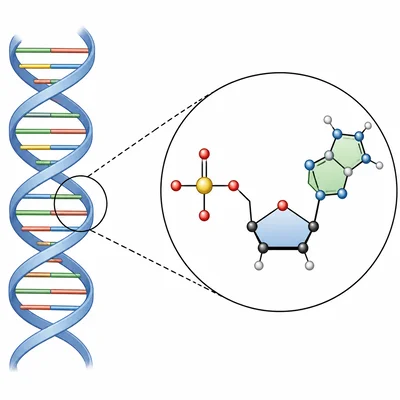 DNA double helix with an enlarged nucleotide showing phosphate, sugar, and base components.