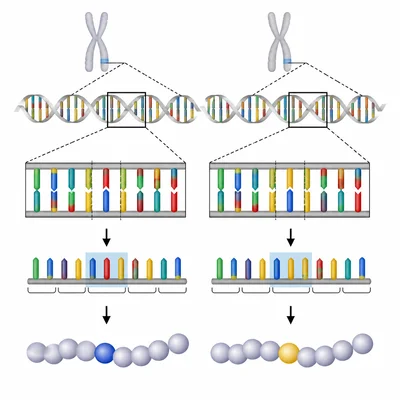 Comparison of a normal DNA segment and one with a single changed base, with a possible protein change.