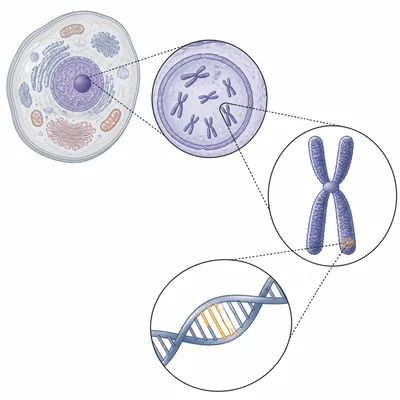 Eukaryotic cell with nucleus, chromosome, and a highlighted gene segment.
