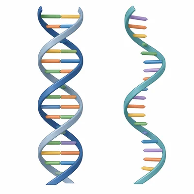 Side-by-side diagram of double-stranded DNA and single-stranded RNA.