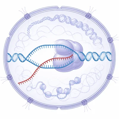 Transcription in a eukaryotic nucleus with DNA opened and an RNA strand being made.