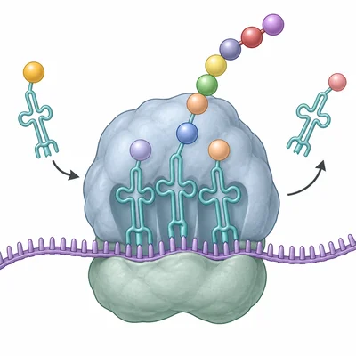 Ribosome translating mRNA with tRNAs delivering amino acids to form a protein chain.