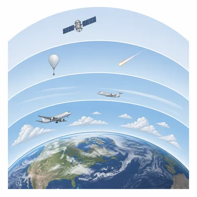 Earth with five stacked atmospheric layers and altitude-related objects such as clouds, aircraft, meteor, and satellite.