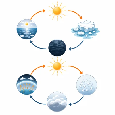 Two circular climate feedback loops illustrated with icons for melting ice, dark ocean, water vapor, clouds, and heat.