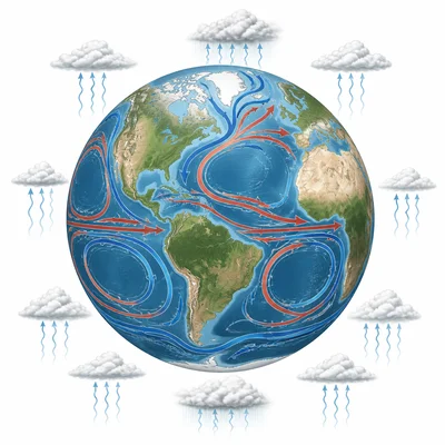 Ocean currents moving warm and cool water around Earth with evaporation forming clouds.