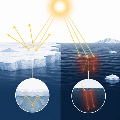Polar ice reflecting sunlight while dark exposed ocean absorbs sunlight and warms.