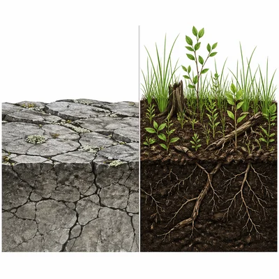 Comparison of slow recovery on bare rock and faster recovery where soil remains.