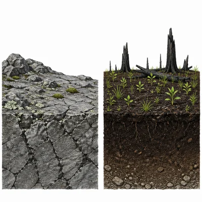 Side-by-side diagram comparing bare rock with lichens to soil with grasses after disturbance.
