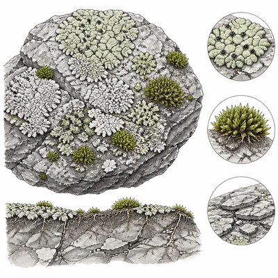 Close-up of lichens and moss growing on a rock surface.