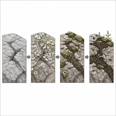 Sequence showing bare rock becoming thin soil through lichens, mosses, and organic matter.