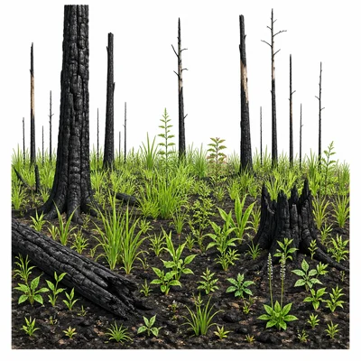 Burned forest area with intact soil and new grasses growing.