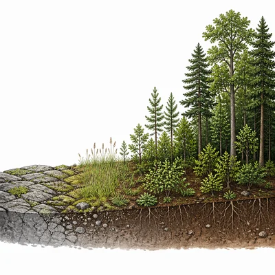 Land succession sequence from pioneer species to grasses, shrubs, and mature forest.