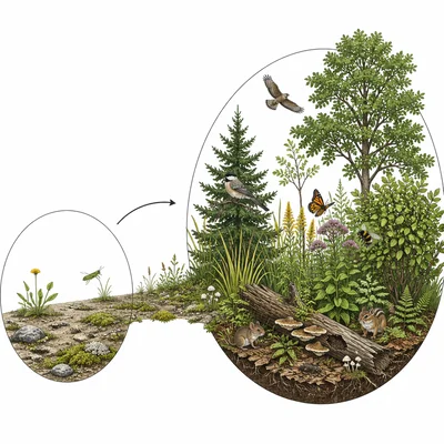 Ecological succession showing a simple community becoming more diverse and layered.