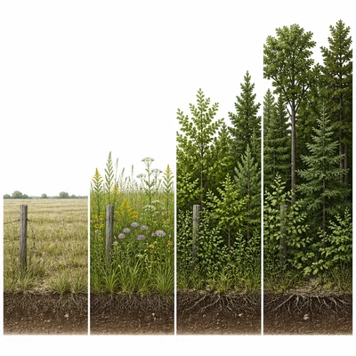 Abandoned field progressing from grasses to shrubs and then forest.