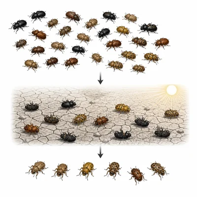 A varied beetle population where some individuals survive environmental stress, illustrating genetic diversity.
