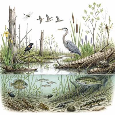 A diverse wetland with plants, insects, birds, fish, and amphibians recovering after storm disturbance.