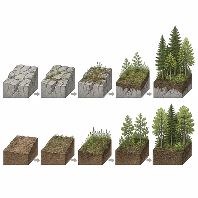 Two succession sequences compare bare rock developing into forest and disturbed soil regrowing into forest.