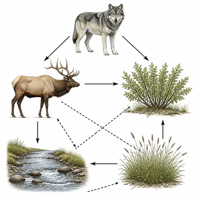 An ecosystem diagram showing wolves, elk, grasses, shrubs, and a stream connected by interaction arrows.