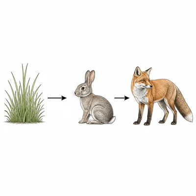 A simple food chain showing grass leading to a rabbit leading to a fox.