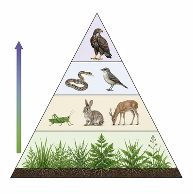 An energy pyramid with plants at the base and consumers above, showing decreasing energy upward.