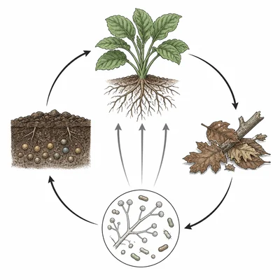 A nutrient cycle showing decomposers breaking down dead matter and returning nutrients to plants.