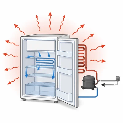 A refrigerator removes heat from inside and releases more heat to the room using work input.
