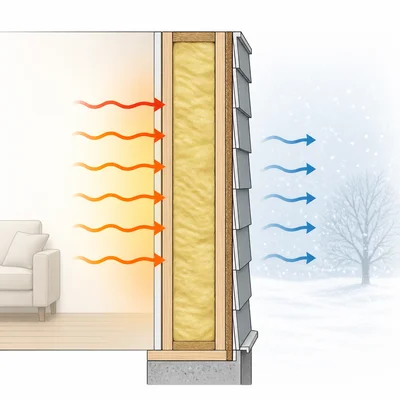 Insulation in a house wall reduces heat transfer from the warm interior to the cold outside.