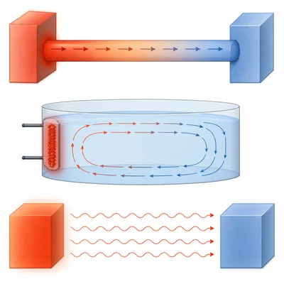 Three heat transfer diagrams show conduction through a rod, convection in liquid, and radiation across space.