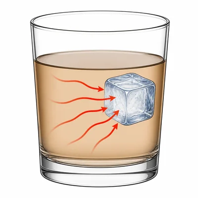 Heat arrows move from the warmer drink into the ice cube, showing that heat, not cold, transfers.